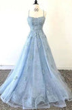 Lace Appliques Sky Blue Prom Dress with Criss Cross Back HZ0527
