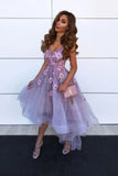 A-Line Spaghetti Straps High Low V Neck Prom Party Dress with Flowers HZ0527