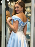 A-Line Off-the-Shoulder Light Blue Split Prom Dress with Flowers Pockets HZ0527