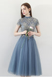 Blue A Line Tulle Short Sleeves High Neck Appliques Homecoming Dresses HZ0527