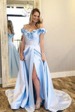 A-Line Off-the-Shoulder Light Blue Split Prom Dress with Flowers Pockets HZ0527
