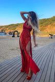 Sheath Spaghetti Straps Backless Red Sequined Prom Dress with Split HZ0527
