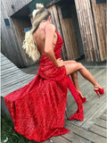 Sheath Spaghetti Straps Backless Red Sequined Prom Dress with Split HZ0527