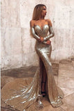 Mermaid Long Split Prom Dress Gold Sequined Evening Dress with Sleeves HZ0527