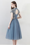 Blue A Line Tulle Short Sleeves High Neck Appliques Homecoming Dresses HZ0527