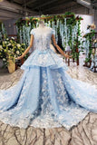 Princess Light Sky Blue Prom Dress with Flowers, Ball Gown Quinceanera Dress HZ0527