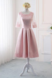 Pink Satin A Line Half Sleeves Lace Appliques Short Homecoming Dresses HZ0527