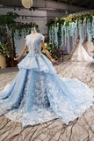 Princess Light Sky Blue Prom Dress with Flowers, Ball Gown Quinceanera Dress HZ0527