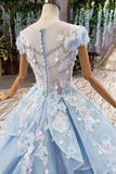 Princess Light Sky Blue Prom Dress with Flowers, Ball Gown Quinceanera Dress HZ0527