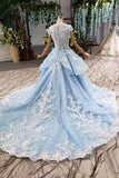 Princess Light Sky Blue Prom Dress with Flowers, Ball Gown Quinceanera Dress HZ0527