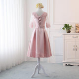 Pink Satin A Line Half Sleeves Lace Appliques Short Homecoming Dresses HZ0527