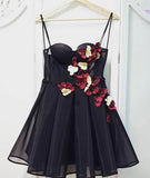 Black Tulle Sweetheart Neck Short Prom Dress, Flowers Homecoming Dress HZ0527