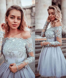 Gray Lace Appliques Tulle Short Prom Dress, Long Sleeves Homecoming Dress HZ0527