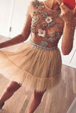 Tulle Beads Short Prom Dress, Long Sleeves Flowers Homecoming Dress HZ0527