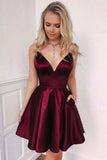 Simple Burgundy Satin Short Homecoming Dress With Pockets HZ0527