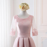 Pink Satin A Line Half Sleeves Lace Appliques Short Homecoming Dresses HZ0527