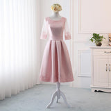 Pink Satin A Line Half Sleeves Lace Appliques Short Homecoming Dresses HZ0527