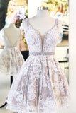 Cute V Neck Lace Short Prom Dress Beaded A Line Homecoming Dress HZ0527
