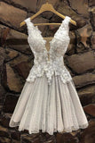 Gray Tulle Lace Short Prom Dress, V Neck Homecoming Dress HZ0527