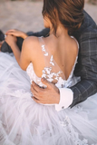 Promfast Unique Appliqued A-line V Neck Tulle Wedding Dresses With Chapel Train HZ0527