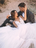 Promfast Unique Appliqued A-line V Neck Tulle Wedding Dresses With Chapel Train HZ0527