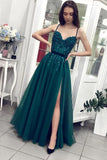 Green A Line Tulle Spaghetti Straps Beaded Long Prom Dress HZ0527