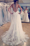 Deep V Neck Applique Wedding Dresses Ivory A Line Wedding Gowns HZ0527
