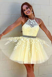 A Line Halter Yellow Lace Appliques Homecoming Dress, Short Prom Dresses HZ0527