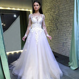 A Line Long Sleeves Round Neck Tulle Lace Appliques Wedding Dresses HZ0527