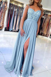 Light Blue Chiffon Slit Spaghetti Straps Prom Dresses, Long Evening Dress HZ0527