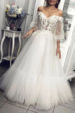 Off the Shoulder Long Sleeves Appliques Tulle A Line Prom Dresses HZ0527