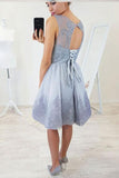 A-Line Round Neck Open Back Short Blue Homecoming Dress with Lace Appliques HZ0527