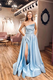 Strapless Satin Light Blue Slit A Line Simple Prom Dresses With Pocktets HZ0527