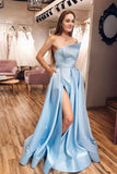 Strapless Satin Light Blue Slit A Line Simple Prom Dresses With Pocktets HZ0527