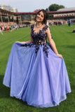 A Line Long SLeeves Blue Lace Appliques Prom Dresses HZ0527