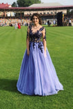 A Line Long SLeeves Blue Lace Appliques Prom Dresses HZ0527