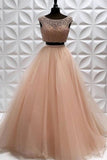 Two Pieces A Line Tulle Beading Long Sleeveless Prom Dress HZ0527