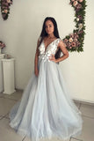 A Line V Neck Tulle Long Appliques Prom Dress, Evening Gown HZ0527