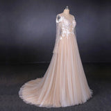 Charming A Line Long Sleeves Lace Appliques Tulle Wedding Dress HZ0527