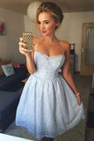 A-Line Strapless Light Blue Lace Short Homecoming Dresses HZ0527