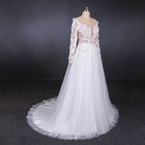 A Line Tulle Lace Appliques Long Sleeves Wedding Dress, Cheap Bridal Dresses HZ0527