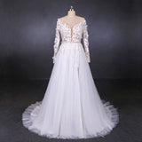 A Line Tulle Lace Appliques Long Sleeves Wedding Dress, Cheap Bridal Dresses HZ0527