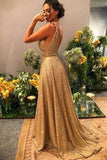 Promfast A-line Gold Sequin Empire Prom Dress Long 2025 Sweep Train HZ0527