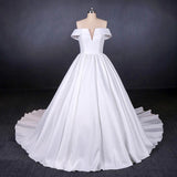 Off the Shoulder White Ball Gown Simple Wedding Dress, Satin Bridal Gown HZ0527