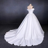 Off the Shoulder White Ball Gown Simple Wedding Dress, Satin Bridal Gown HZ0527