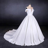 Off the Shoulder White Ball Gown Simple Wedding Dress, Satin Bridal Gown HZ0527