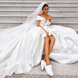 Off the Shoulder White Ball Gown Simple Wedding Dress, Satin Bridal Gown HZ0527
