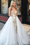 A-Line Spaghetti Straps Floor Length White Detachable Train Prom Dress with Appliques HZ0527