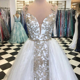 A-Line Spaghetti Straps Floor Length White Detachable Train Prom Dress with Appliques HZ0527