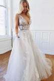 A Line Deep V-Neck Backless White Tulle Prom Dress With Appliques HZ0527